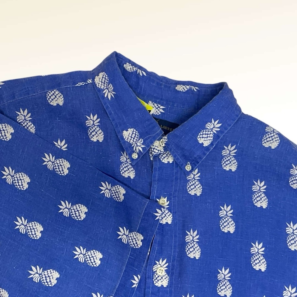 Ralph Lauren Shirt Mens 3XB Blue Short Sleeve 100% Linen Pineapple Hawaiian